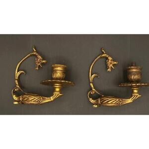 785 - Pair Vintage Dragon Wall Candle Sconces Gothic Hollywood Regency Brass